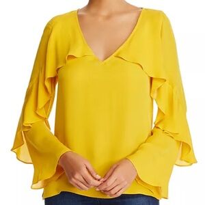 [XL]Kobi Halperin Ryann Ruffle Bell Sleeve Silk Blouse Yellow